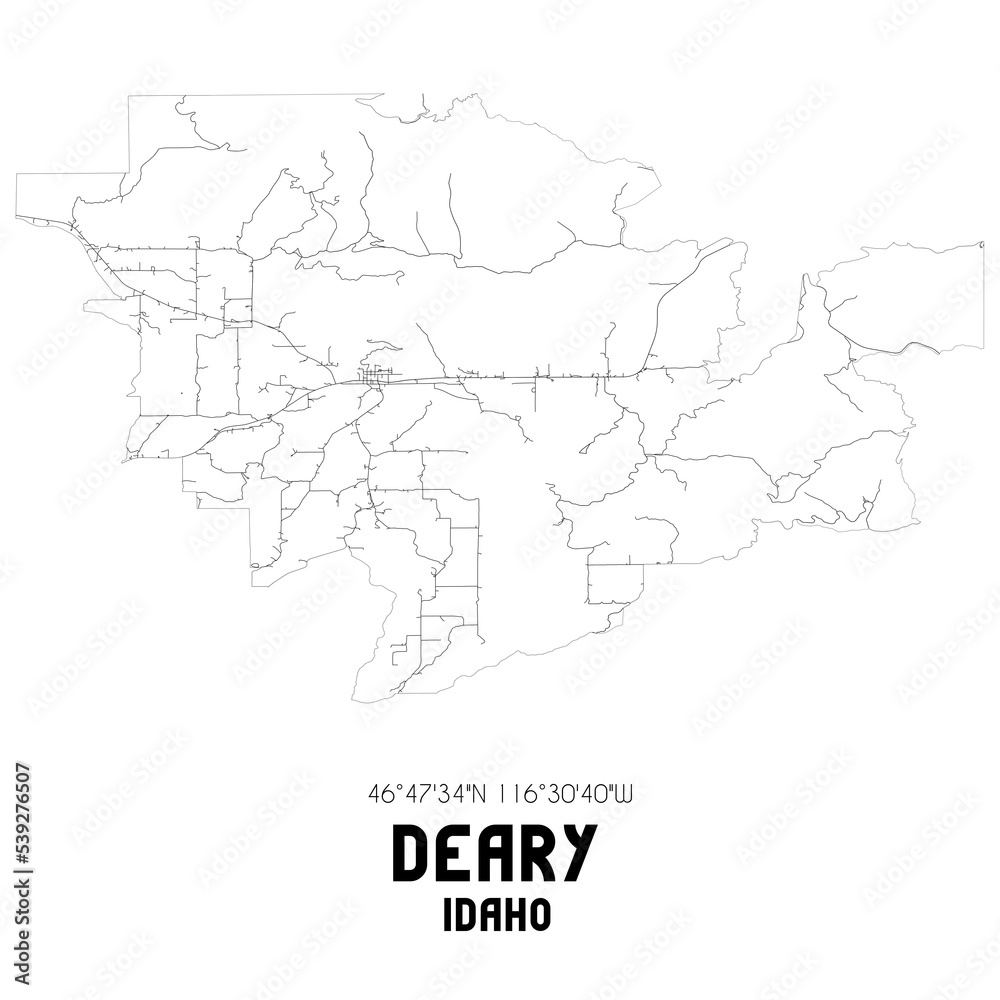 Deary Idaho. US street map with black and white lines.