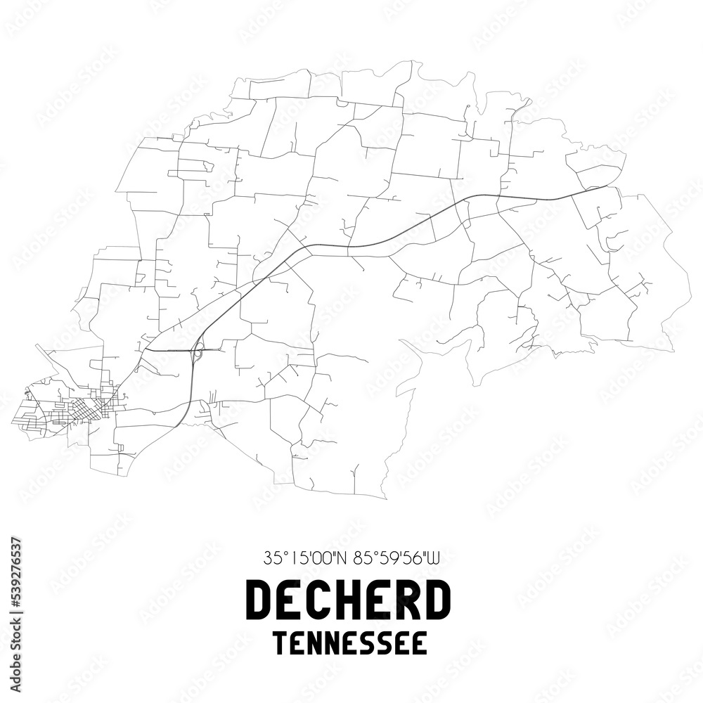 Decherd Tennessee. US street map with black and white lines.
