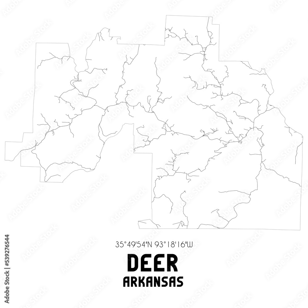 Deer Arkansas. US street map with black and white lines.