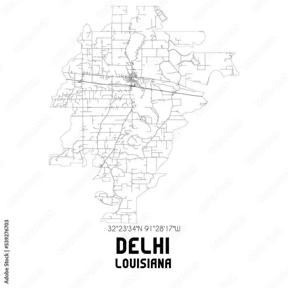 Delhi Louisiana. US street map with black and white lines.