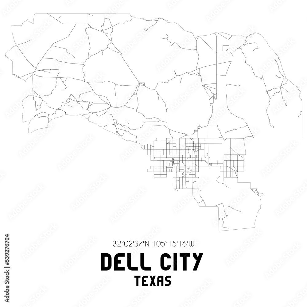 Dell City Texas. US street map with black and white lines.
