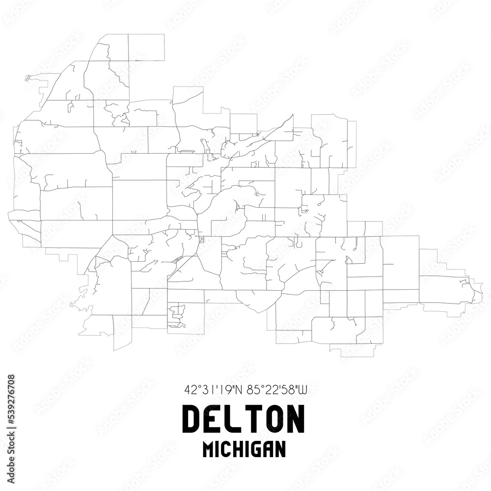 Delton Michigan. US street map with black and white lines.