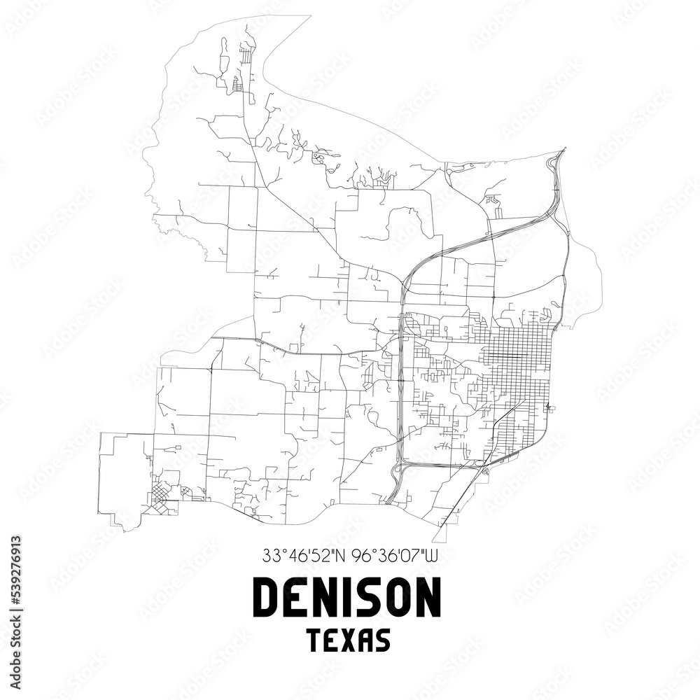 Denison Texas. US street map with black and white lines.
