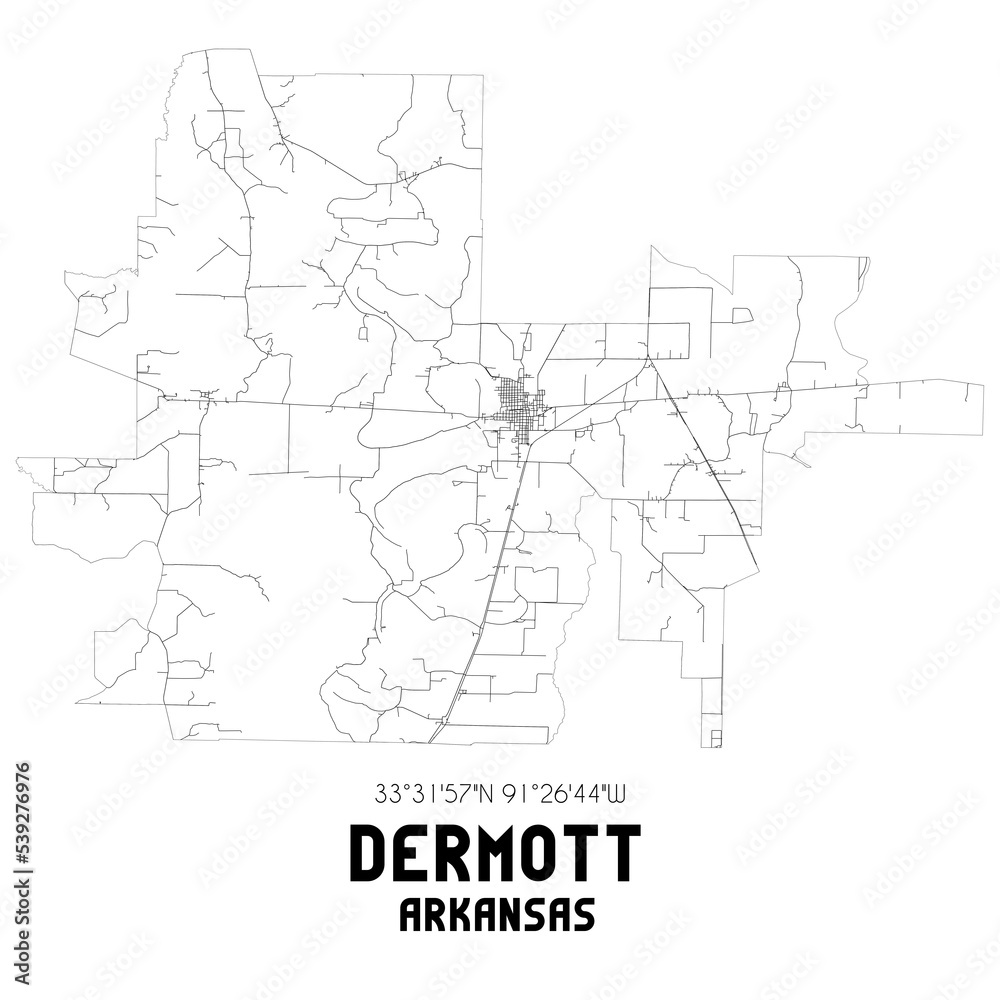 Dermott Arkansas. US street map with black and white lines.