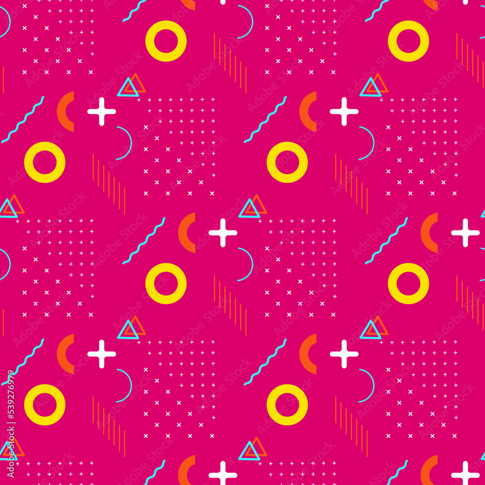 Seamless vector pattern in memphis style. Bright creative texture with geometric shapes in the style of the 80-90s