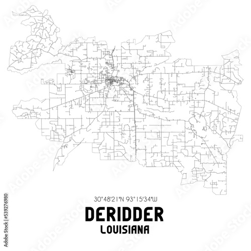 Deridder Louisiana. US street map with black and white lines.