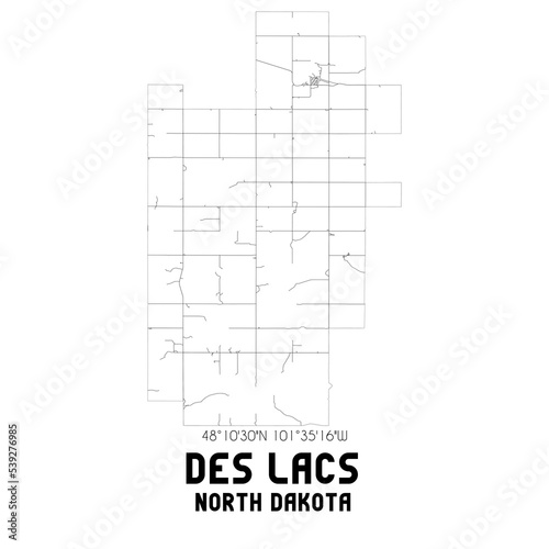 Des Lacs North Dakota. US street map with black and white lines.