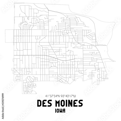 Des Moines Iowa. US street map with black and white lines.