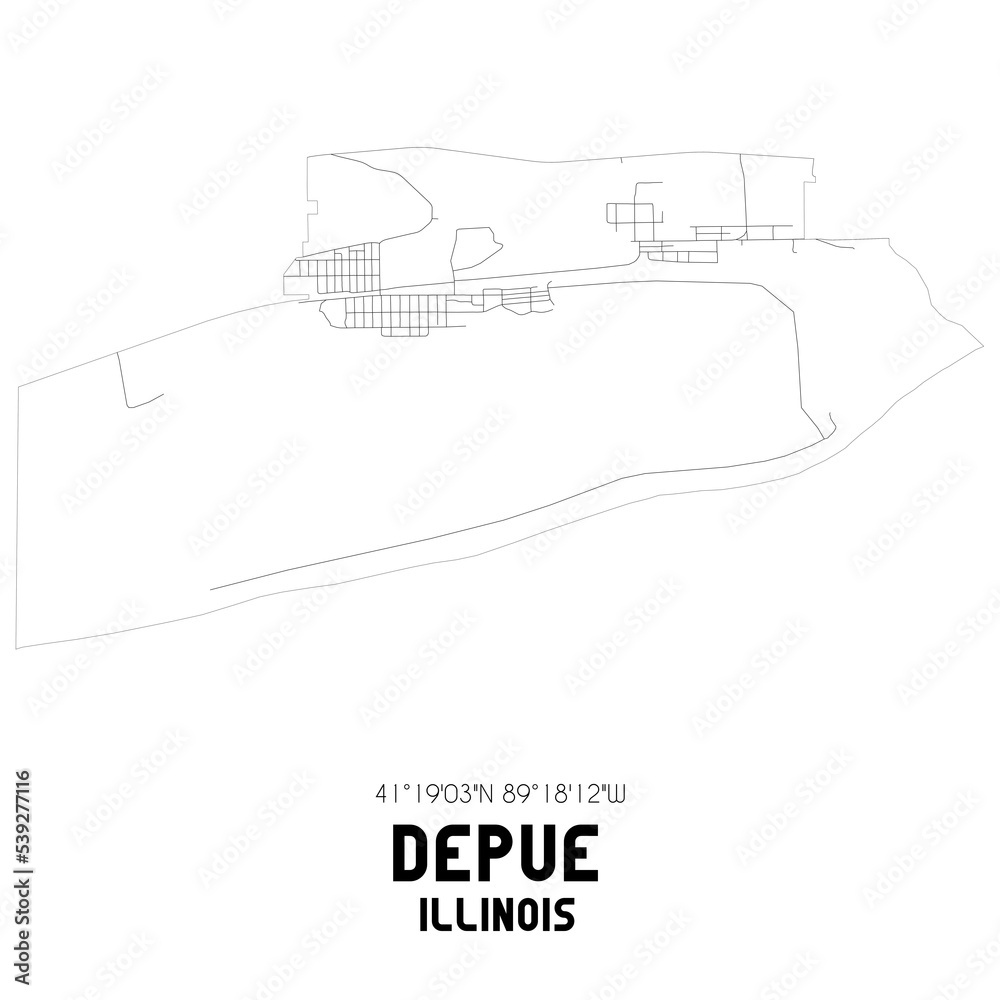 Depue Illinois. US street map with black and white lines.
