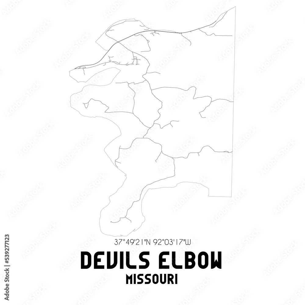 Devils Elbow Missouri. US street map with black and white lines.