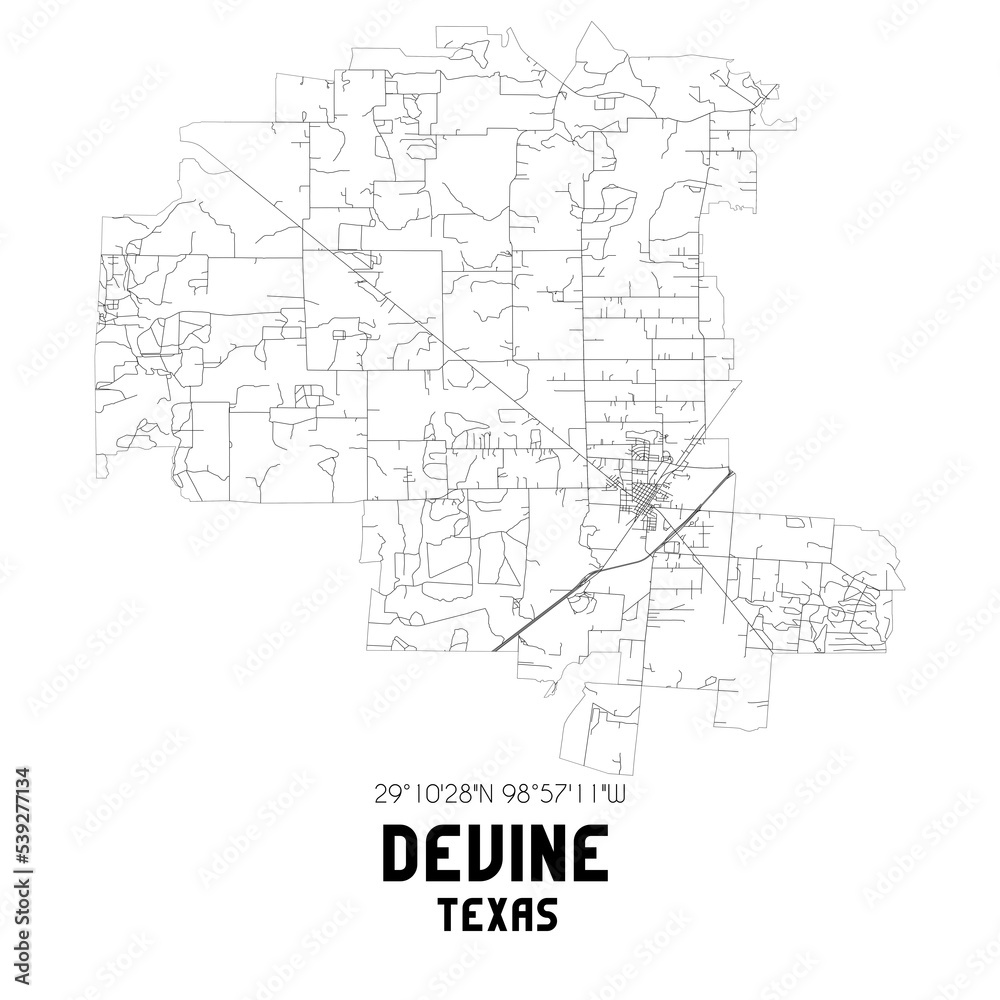 Devine Texas. US street map with black and white lines.