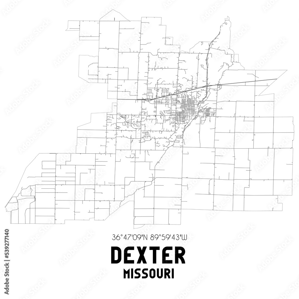 Dexter Missouri. US street map with black and white lines. Stock