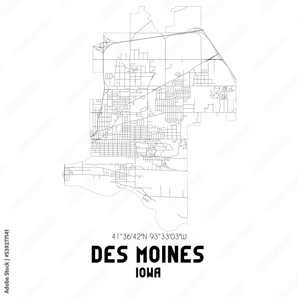 Fototapeta premium Des Moines Iowa. US street map with black and white lines.