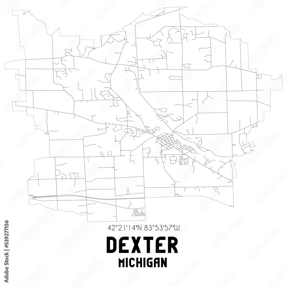 Dexter Michigan. US street map with black and white lines.