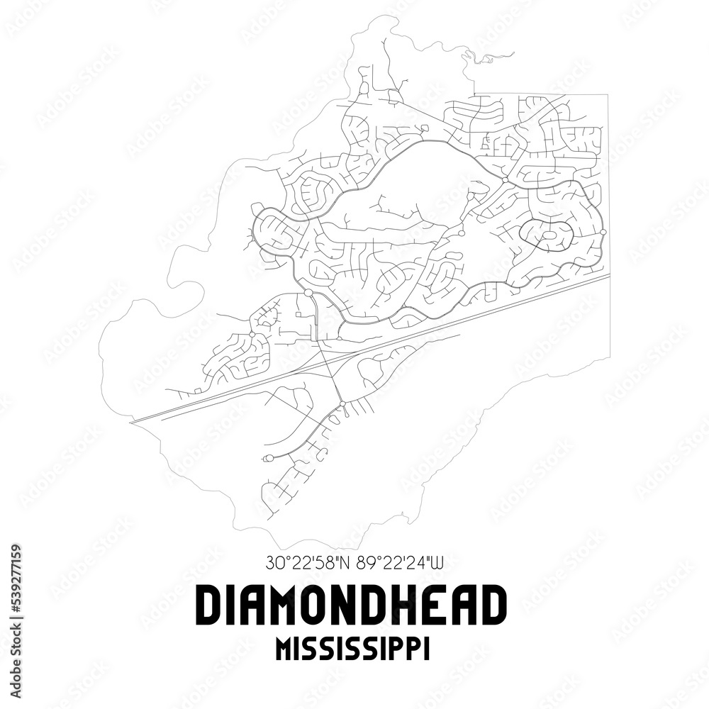 Diamondhead Mississippi. US street map with black and white lines.