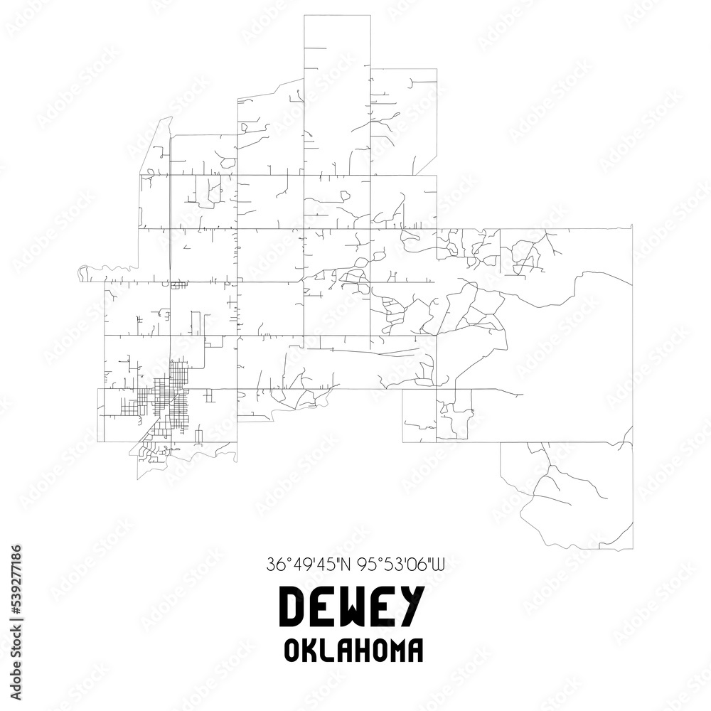 Dewey Oklahoma. US street map with black and white lines.