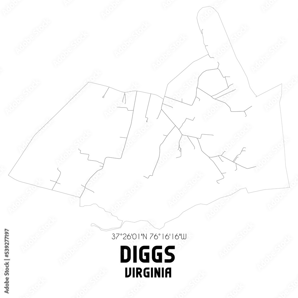 Diggs Virginia. US street map with black and white lines.