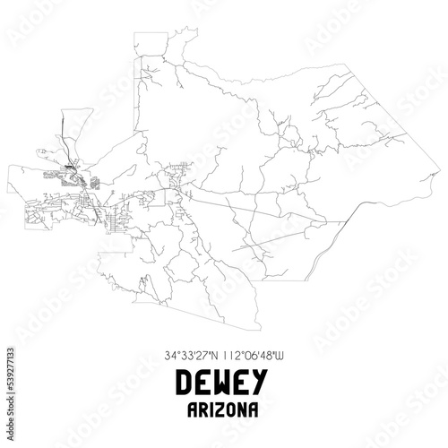 Dewey Arizona. US street map with black and white lines.