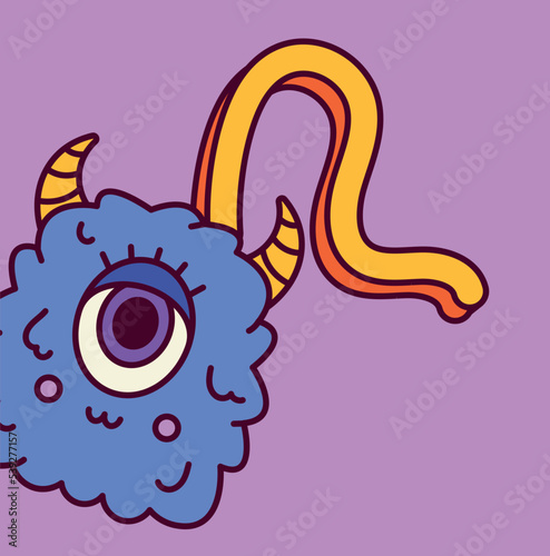 Trippy retro symbol. Funny psychedelic sticker with cute blue groove monster or alien with horns and eye. Design element for print. Cartoon flat vector illustration isolated on purple background