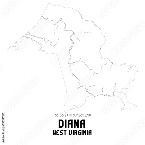 Diana West Virginia. US street map with black and white lines.