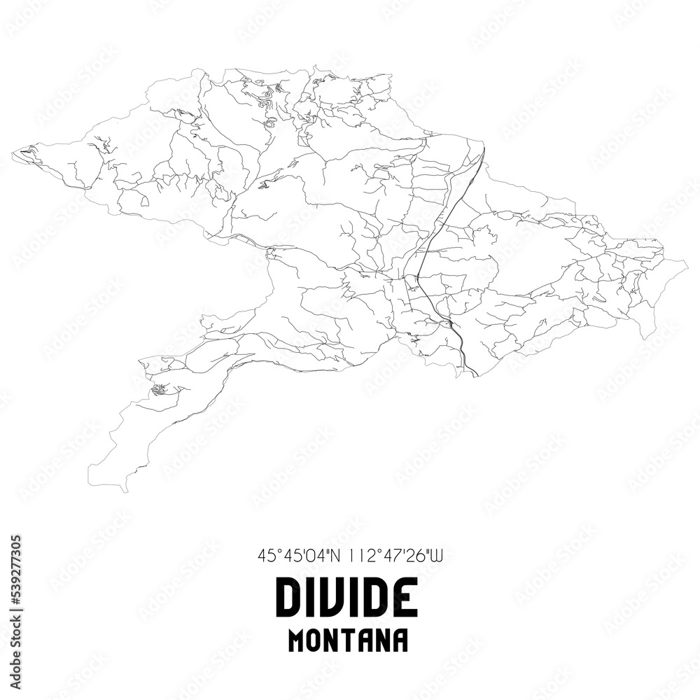 Divide Montana. US street map with black and white lines.