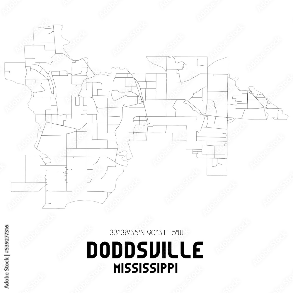 Doddsville Mississippi. US street map with black and white lines.