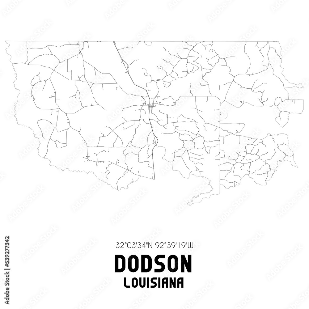 Dodson Louisiana. US street map with black and white lines.