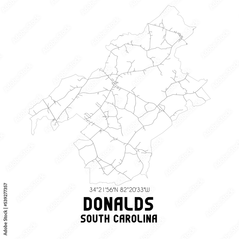 Donalds South Carolina. US street map with black and white lines.