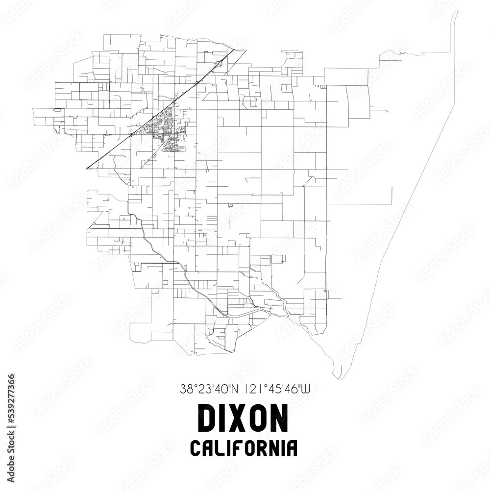 Dixon California. US street map with black and white lines.