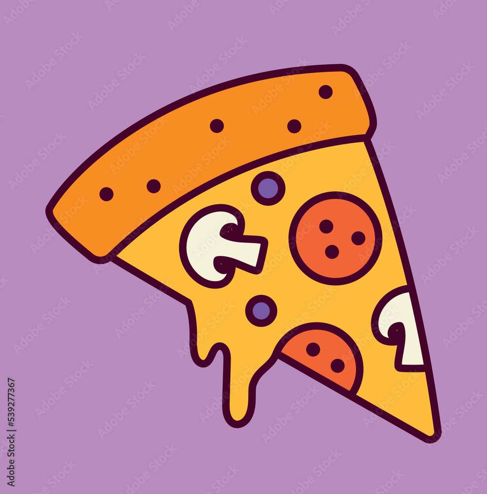Trippy retro symbol. Funky poster with slice of delicious pizza with dripping cheese. Funny groove sticker. Design element for print. Cartoon flat vector illustration isolated on purple background