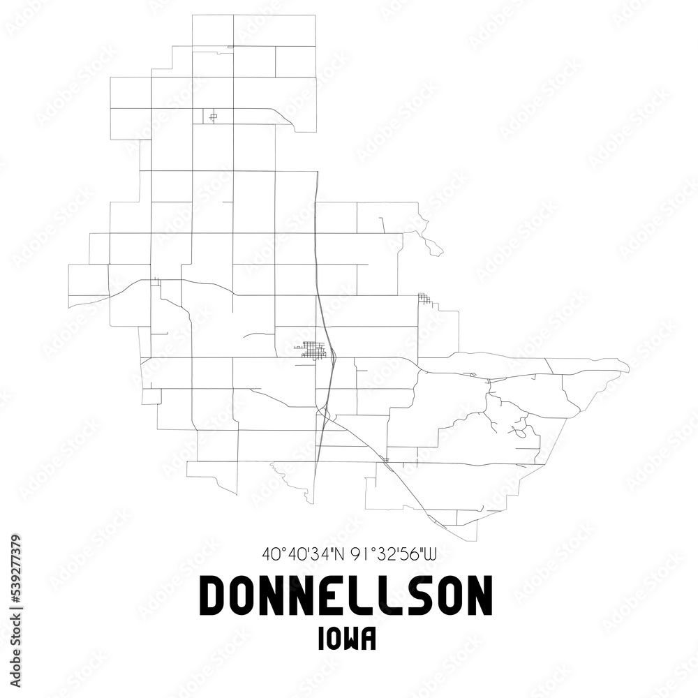 Donnellson Iowa. US street map with black and white lines.