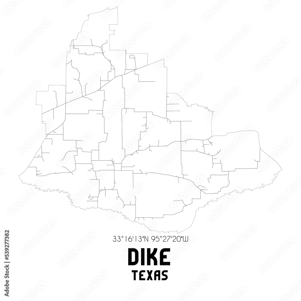 Dike Texas. US street map with black and white lines.