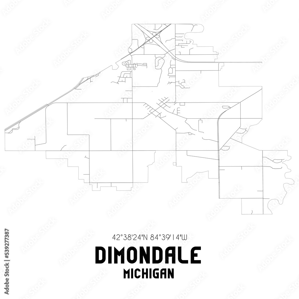 Dimondale Michigan. US street map with black and white lines.