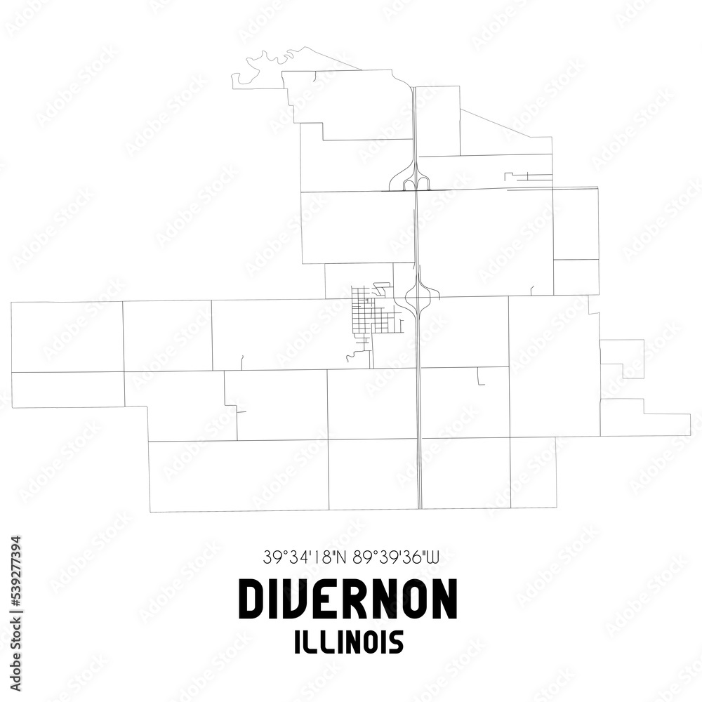 Divernon Illinois. US street map with black and white lines.