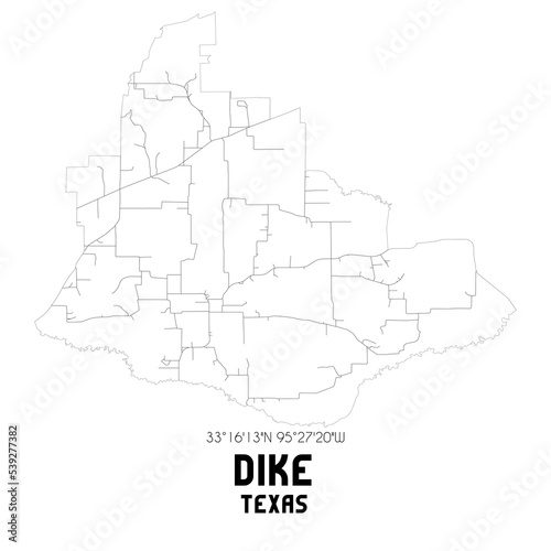 Dike Texas. US street map with black and white lines.