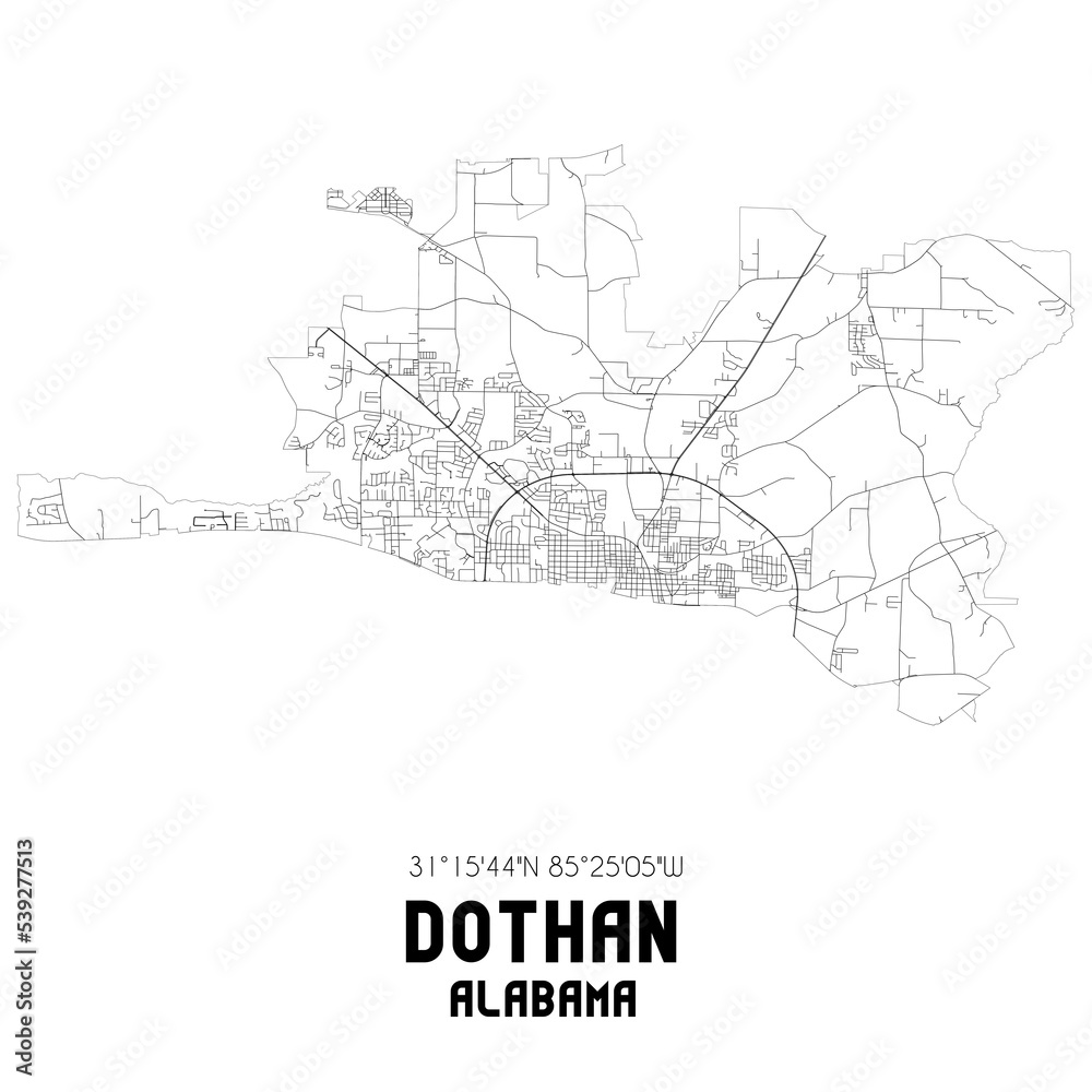 Dothan Alabama. US street map with black and white lines.