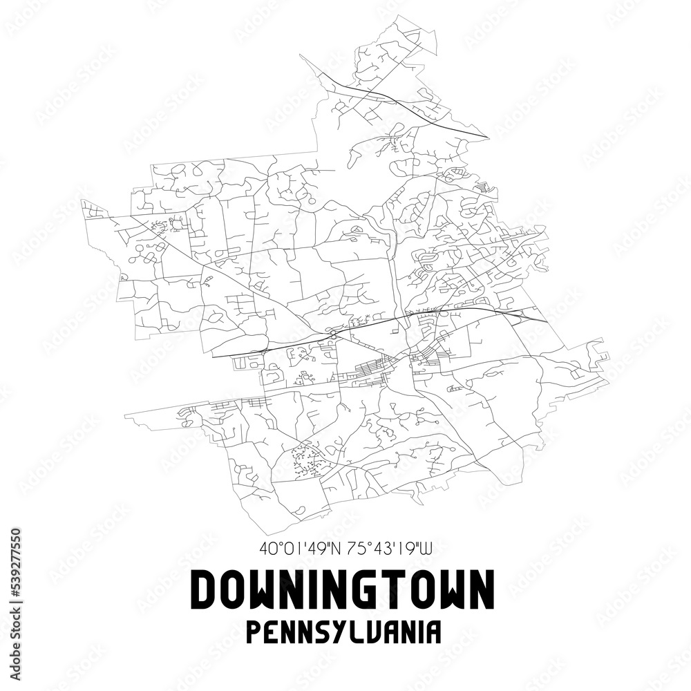 Downingtown Pennsylvania. US street map with black and white lines.
