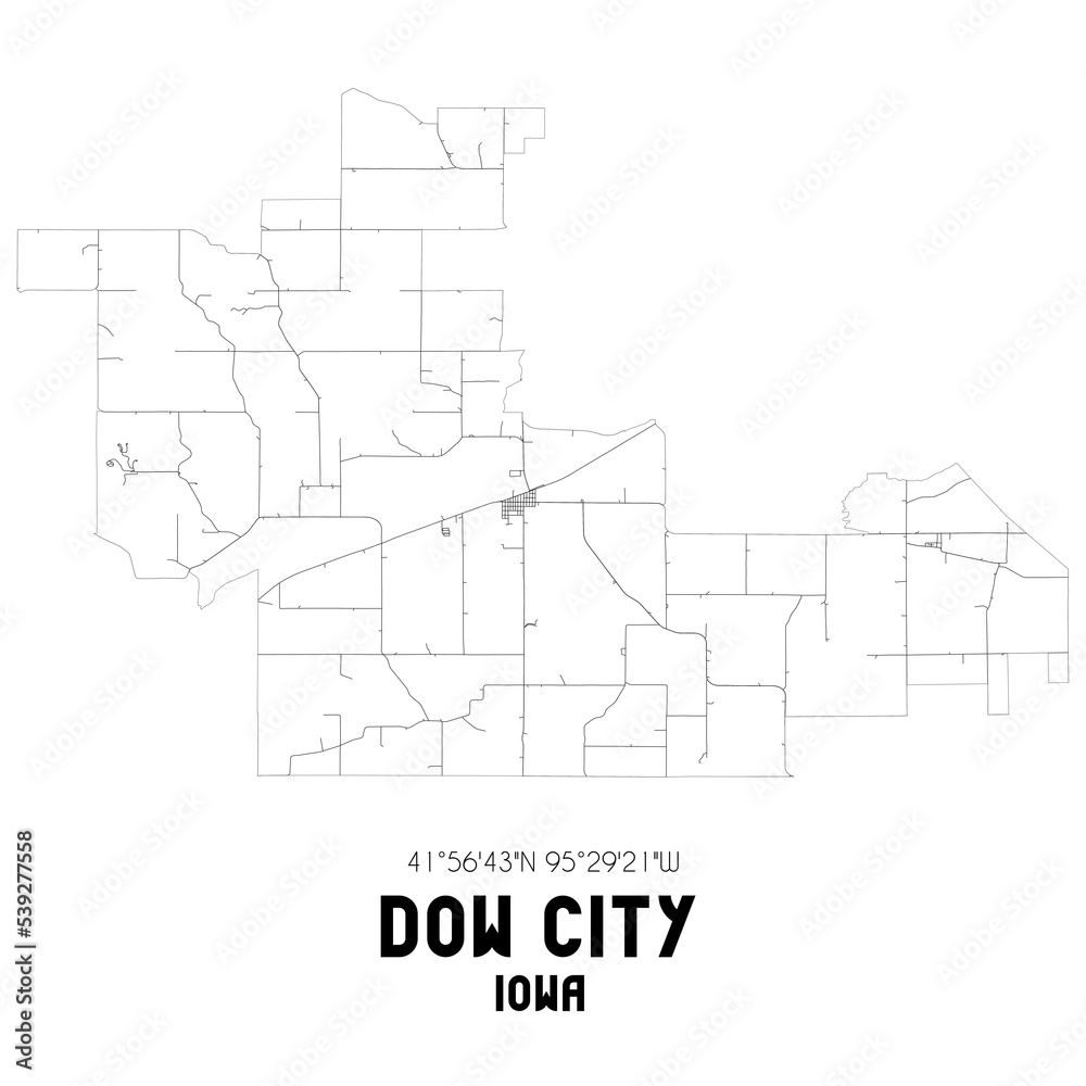 Dow City Iowa. US street map with black and white lines.