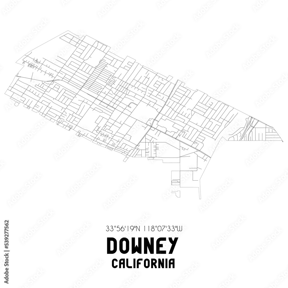 Downey California. US street map with black and white lines.