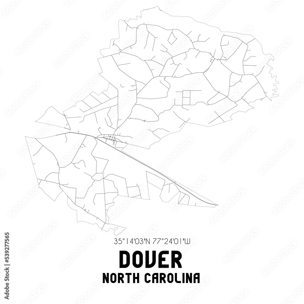 Dover North Carolina. US street map with black and white lines.