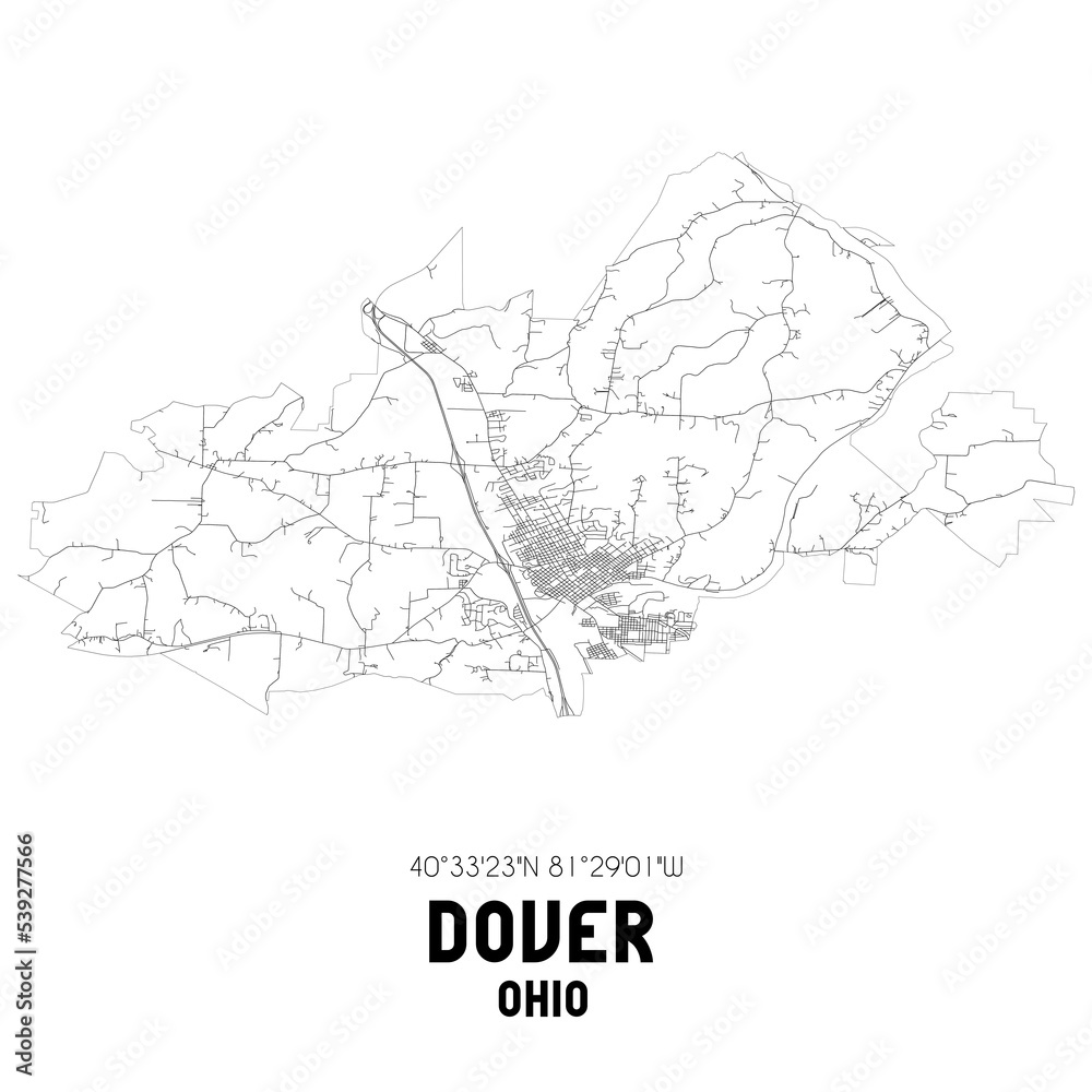 Dover Ohio. US street map with black and white lines.