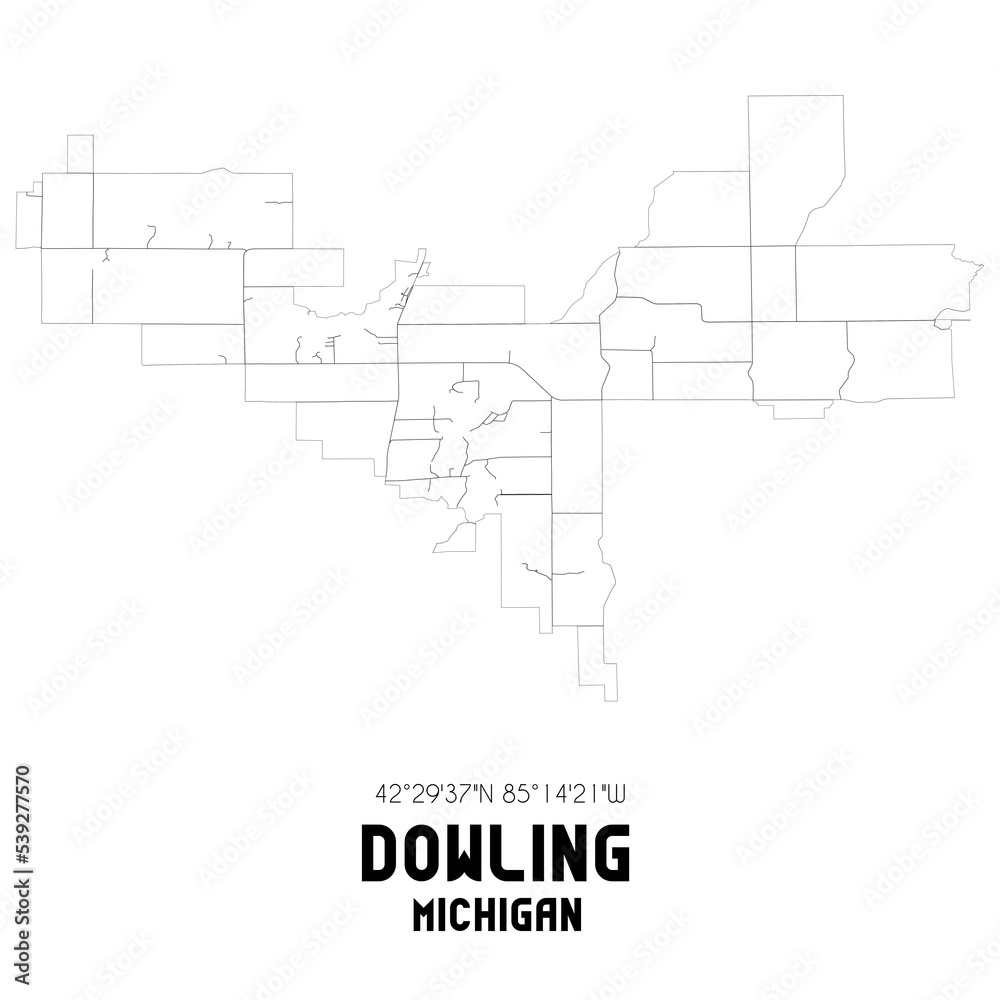 Dowling Michigan. US street map with black and white lines.