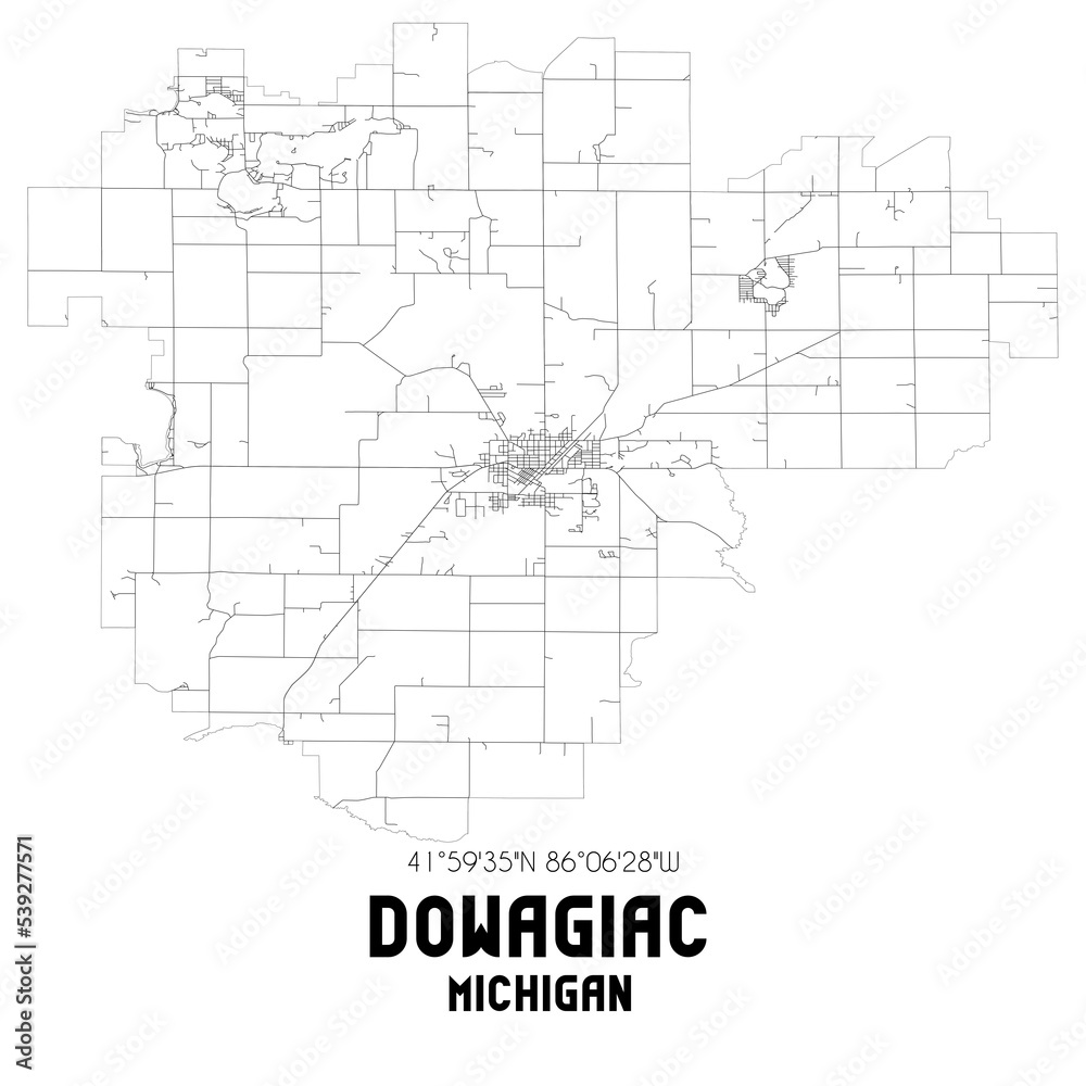 Dowagiac Michigan. US street map with black and white lines.