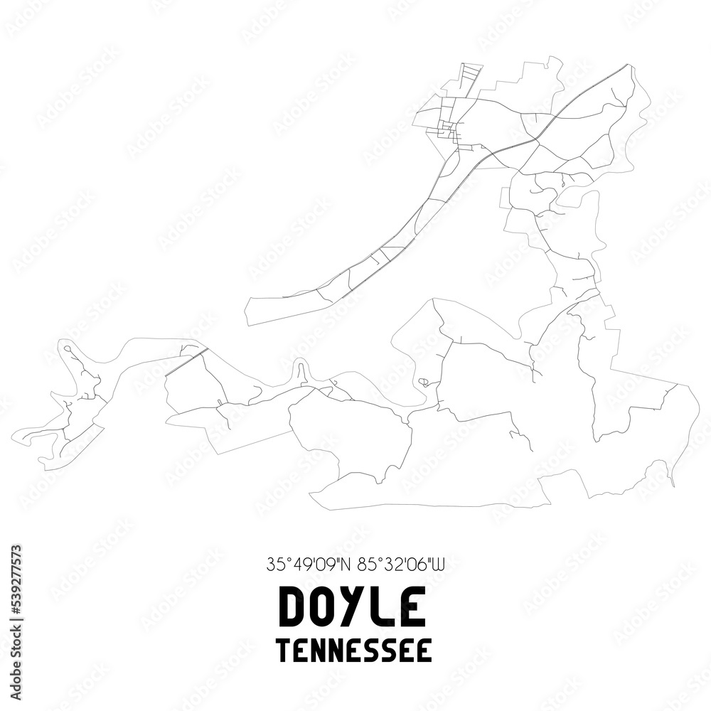 Doyle Tennessee. US street map with black and white lines.
