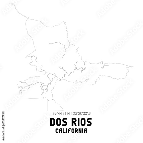 Dos Rios California. US street map with black and white lines.