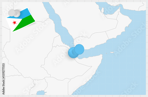Map of Djibouti with a pinned blue pin. Pinned flag of Djibouti.