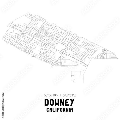 Downey California. US street map with black and white lines.