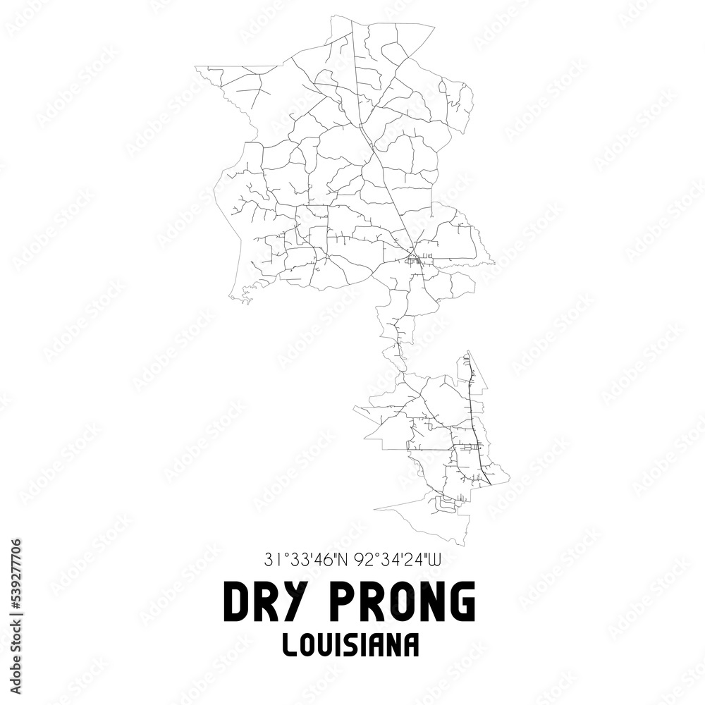 Dry Prong Louisiana. US street map with black and white lines.
