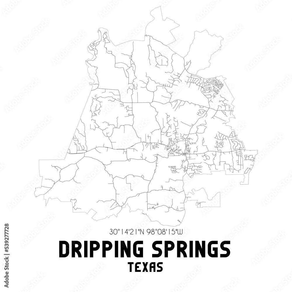 Dripping Springs Texas. US street map with black and white lines.