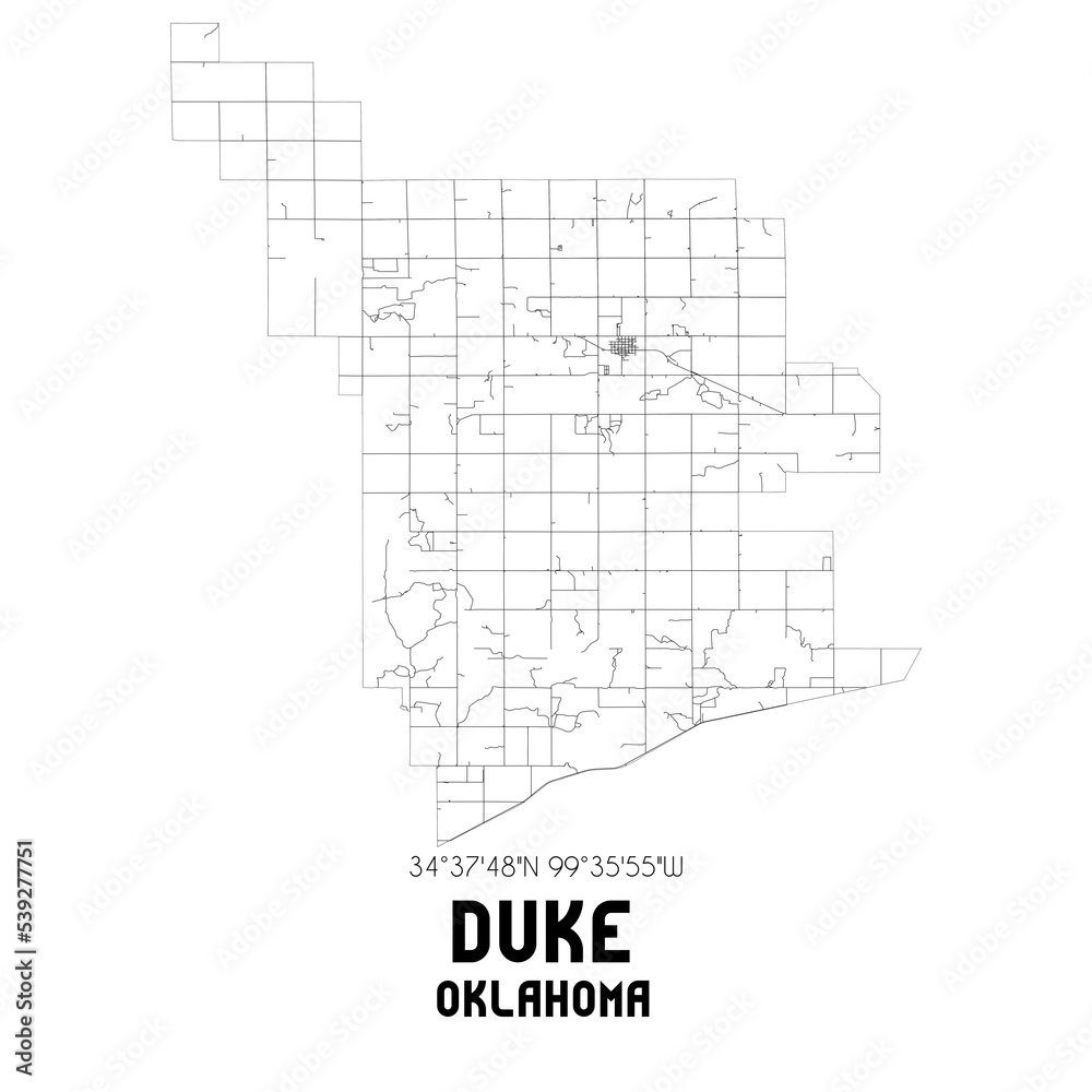 Duke Oklahoma. US street map with black and white lines.